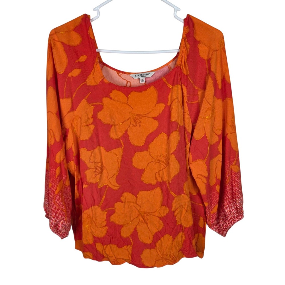 Liverpool Floral Blouse Womens XL Orange Excellent Square Neck 3/4 Sleeve Boho